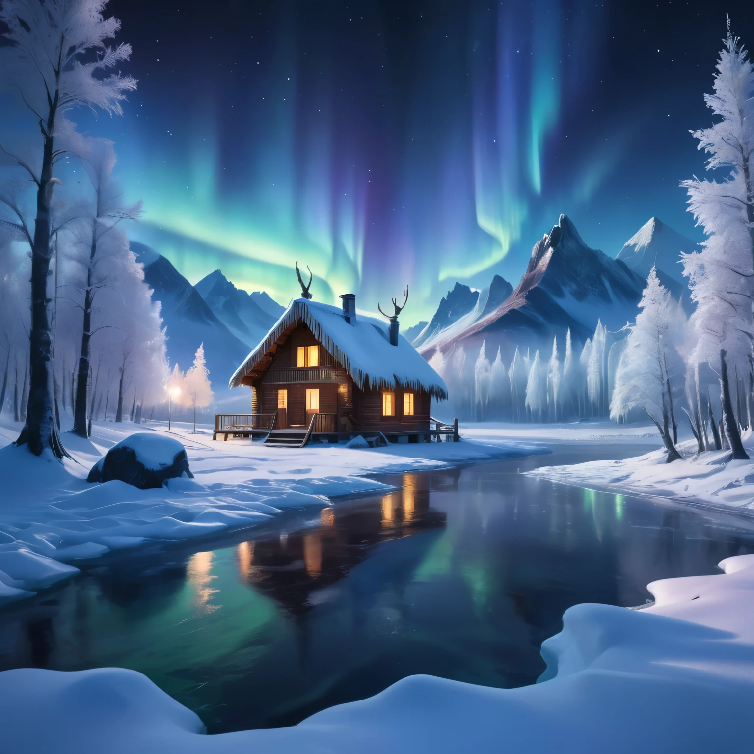 starry night, (Frost),Northern Lights, Towering snow-capped mountains, bonfire,Small house in the winter forest,冻僵的树枝上覆盖着白Frost。reindeer,pedestrian,sled,Winter Wonderland,Vibrant colors, Subtle blue,Frost雾,Stunning scenery, Ice Cliff, Frozen Lake, peaceful, Magnificent, Ethereal Glow, A miracle of nature, Peaceful solitude, Celestial Wonders, Broad, natural phenomenon, Christmas Eve, Quiet Reflection, Sparkling stars, Mysterious charm (Best quality,4k,8K,high-rise building,masterpiece:1.2),Extremely detailed,(realistically,The photos are real,Photo-realistic:1.37),HDR,Ultra HD,Studio lights up,Extremely detailed的描述,Physically based rendering,professional,Bright colors。