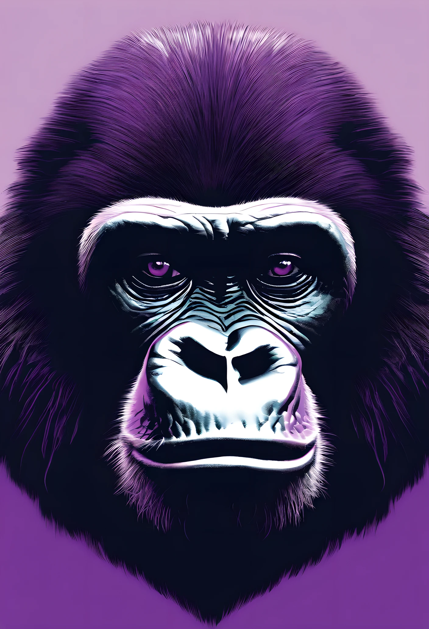 Imaginez un flyer avec un fond composé de différentes nuances de violet, ranging from light purple to dark purple. Il y a deux gorilles dessinés dans un style artistique. Les gorilles sont imposants et majestueux, avec des poils noirs brillants et des yeux perçants. The gorillas are each on one side of the poster , donnant une impression de force et de puissance. The contrast between the black gorillas and the purple background creates a striking and captivating aesthetic for the flyer. Il a que deux gorilles sur l’affiche. There are no other animals. There is no woman. You must be able to leave space to insert text in the middle of the poster on the purple background. Il y quelques arbres pour ajouter du vert. There are only these two gorillas.