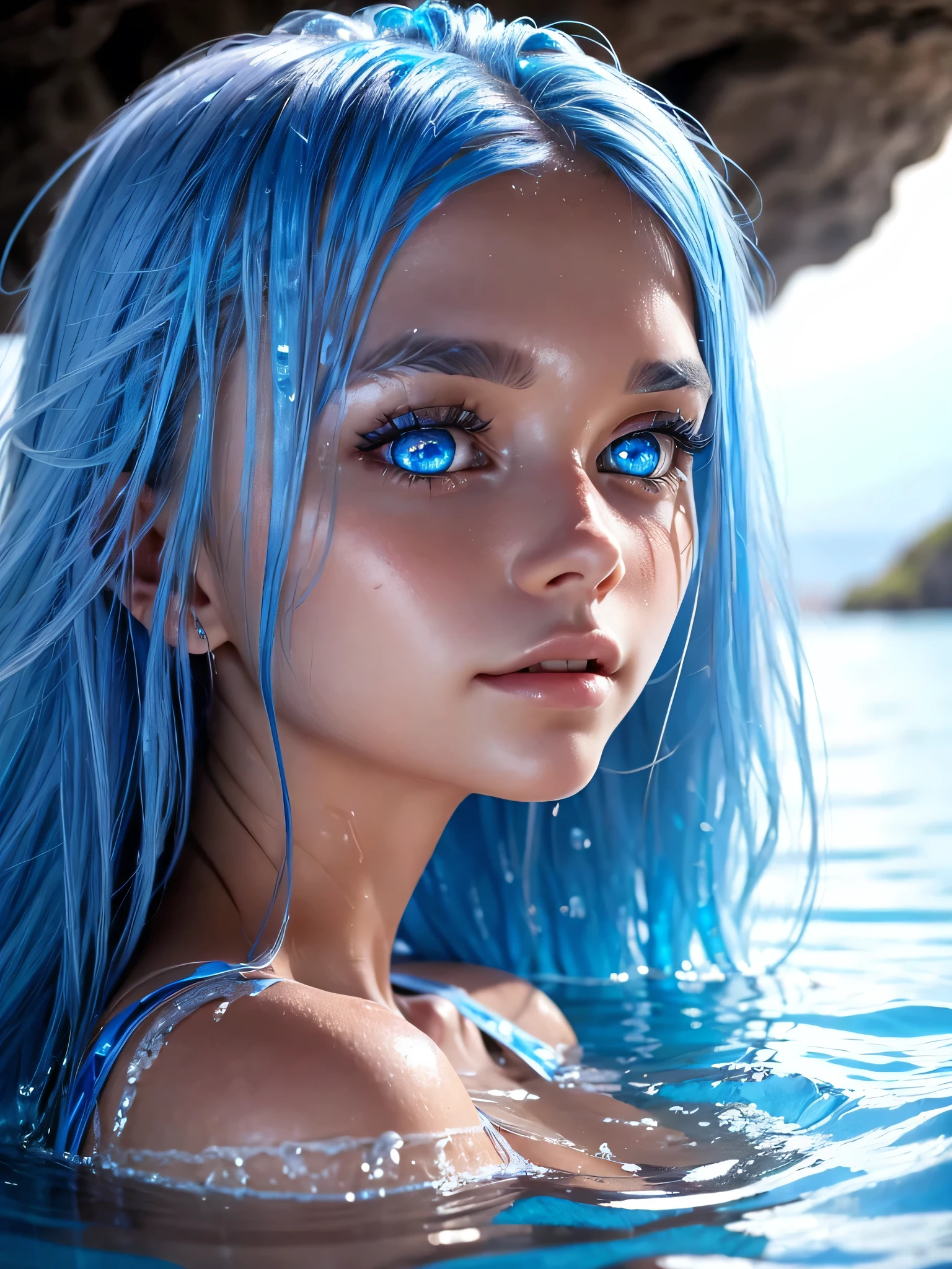 close up, portrait, 1girl, female water spirit, silver blue colored hair,
She is just emerging from the water, soaking wet. Her blue eyes bright and staring at the viewer. Defiant sexy look.