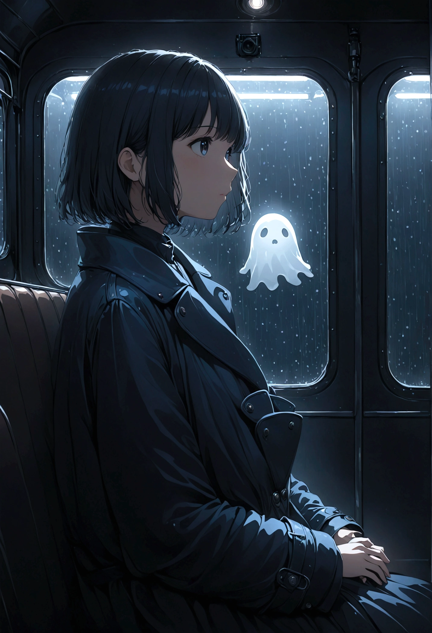 ((masterpiece), Absurd quality, 16k, 1 girl with short hair, Wearing a dark blue coat, She's long, Dimly lit subway. The perspective camera captures the entire vehicle. In the carriage, At the very back, In a dark corner not well lit by the flashing lights, A No-Face ghost appears wearing a transparent black outfit, It is translucent, The lighting is so dim that I can barely see anything. The girl in profile is breathing in the cold air from her breath. A dim light shines in from outside through the cold raindrops on the fogged-up windows, illuminating the atmosphere inside the car..A girl with a calm and thoughtful expression, Silently watched over by No-Face.