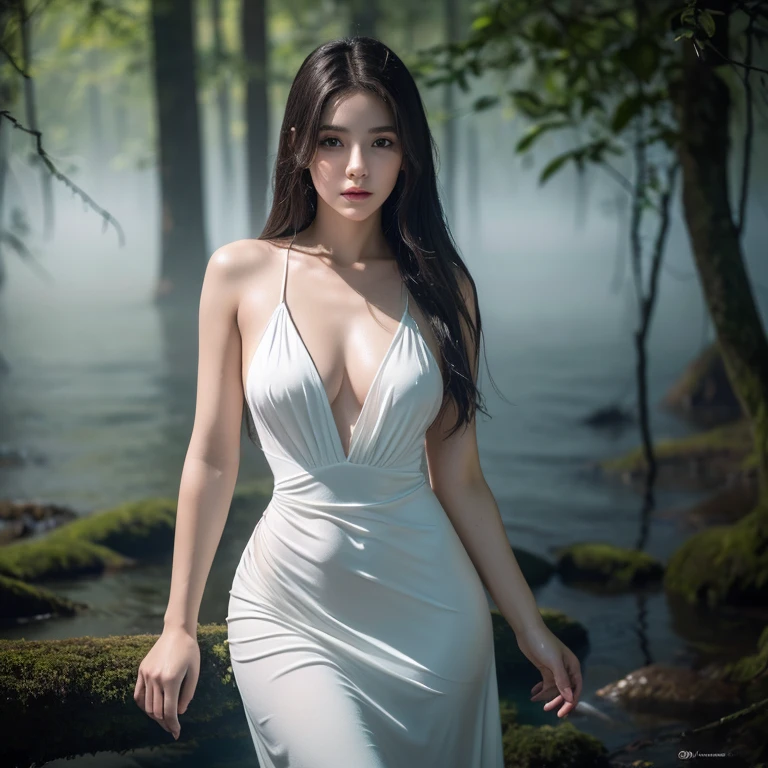 Ultra realistic and detailed photography face of Elizabeth Olsende A beautiful young girl with white skin and long white hair swimming in a lake of water in a dark forest at night, fog over water, long translucent dress, olhos completamente brancos, His eyes are white, translucent and wet white dress, tecido fino delicado, mist wrapping her body like a fabric, magia negra, bochechas rosadas, she is being illuminated only by the moonlight, her face has an air of innocence and her body is attractive and sensual. His clothing is a kind of green forest leaves with dry twigs., background is blurred. Fotografia realista e detalhada, melhor qualidade, estilo fotografia realista sensual, HD, 4K, Estilo ultra realista, pele trincada ultra realista e detalhada, melhor qualidade e trincado, visible skin pores, elfa do mundo real. (ultra realistic and detailed photography, best quality, realistic photography style, sexy, cinematic effect, ultra realistic and detailed cracked skin, slim waist, provocative pose. Blurred background highlighting the character of a sensual nurse, high shadow curve, maximum sharpness , full HD resolution, photography with wide-angle lens, f1.2 background blur, dark vignette, highlighted shadows, low light).