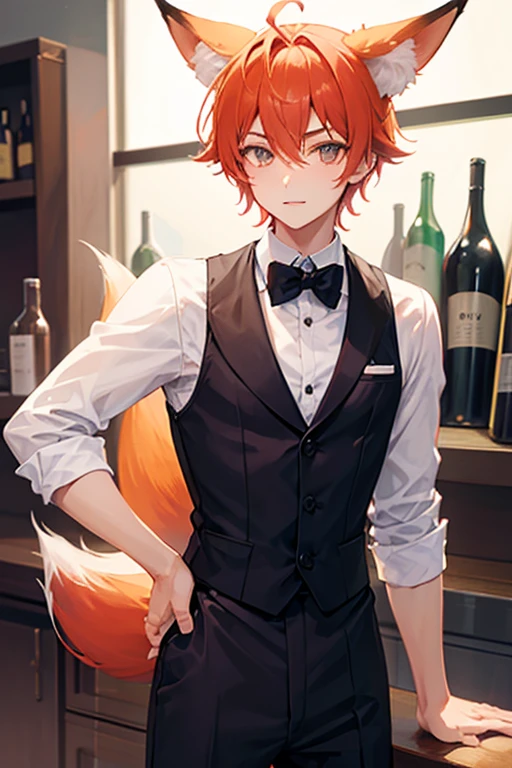 A young man with fox-like ears and tail Put on a bartender's outfit