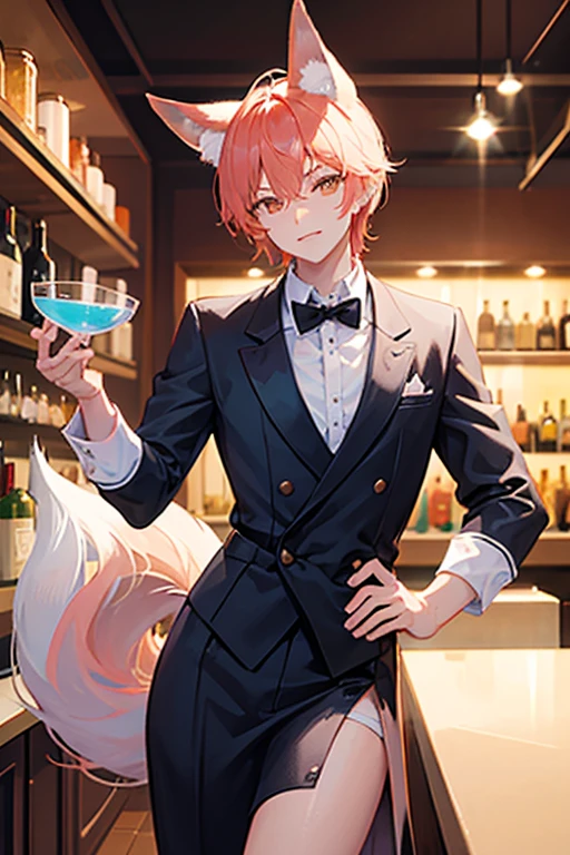 A young man with fox-like ears and tail Put on a bartender's outfit
