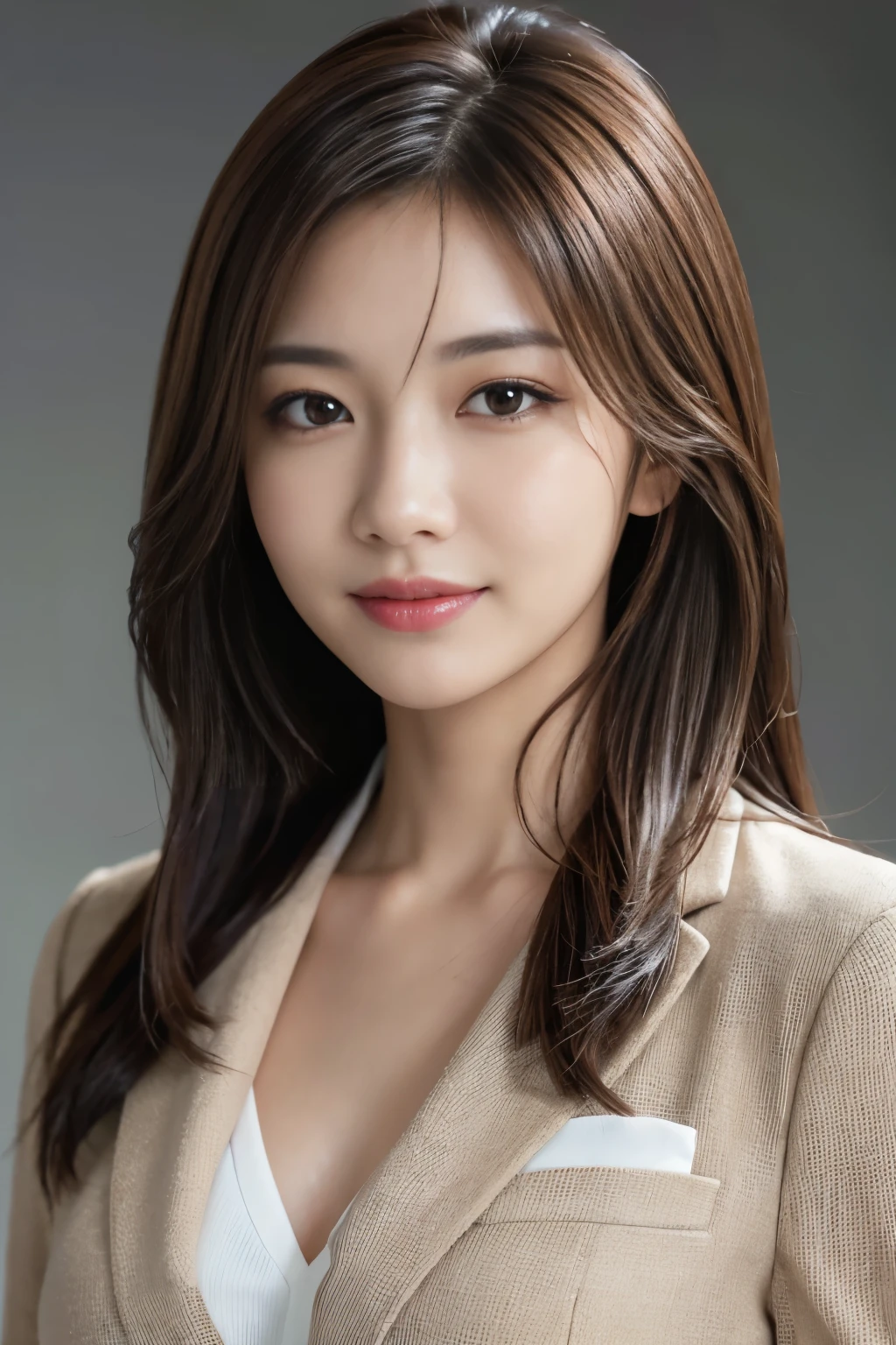 Tabletop, Japanese,highest quality, Realistic, Super detailed, In detail, High resolution, 8k wallpaper, 1. Beautiful Women,, Light brown messy hair, Wearing a business suit, Sharp focus, Perfect dynamic composition, Beautiful fine details, Fine hair, Detailed and realistic skin texture, smile, Close-up portrait, Model Body Type, White background,