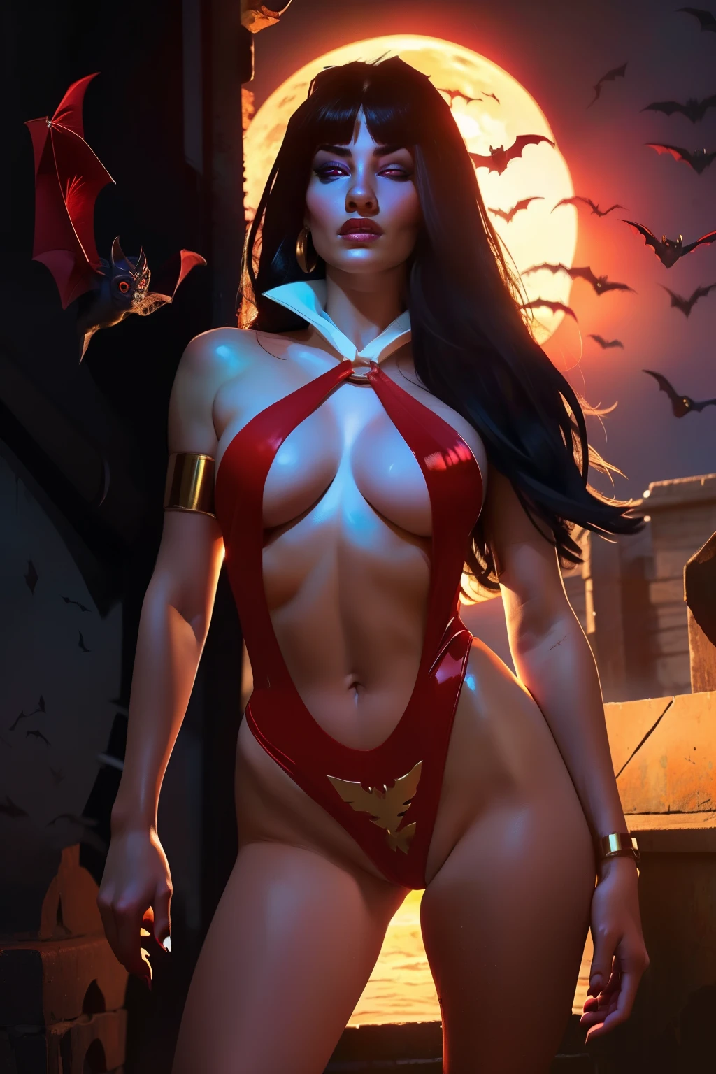 sexy vampirella wearing a deep V red swimsuit, ((Full moon and bats background)) , oily shiny skin, red eyes, hot and fit body, naughty, slutty, camel toes , detailed eyes,  flirty, sexy, naughty, large perky , realistic, HDR, UHD, dynamic, front view, dark outside. moonlight, glowing red eyes