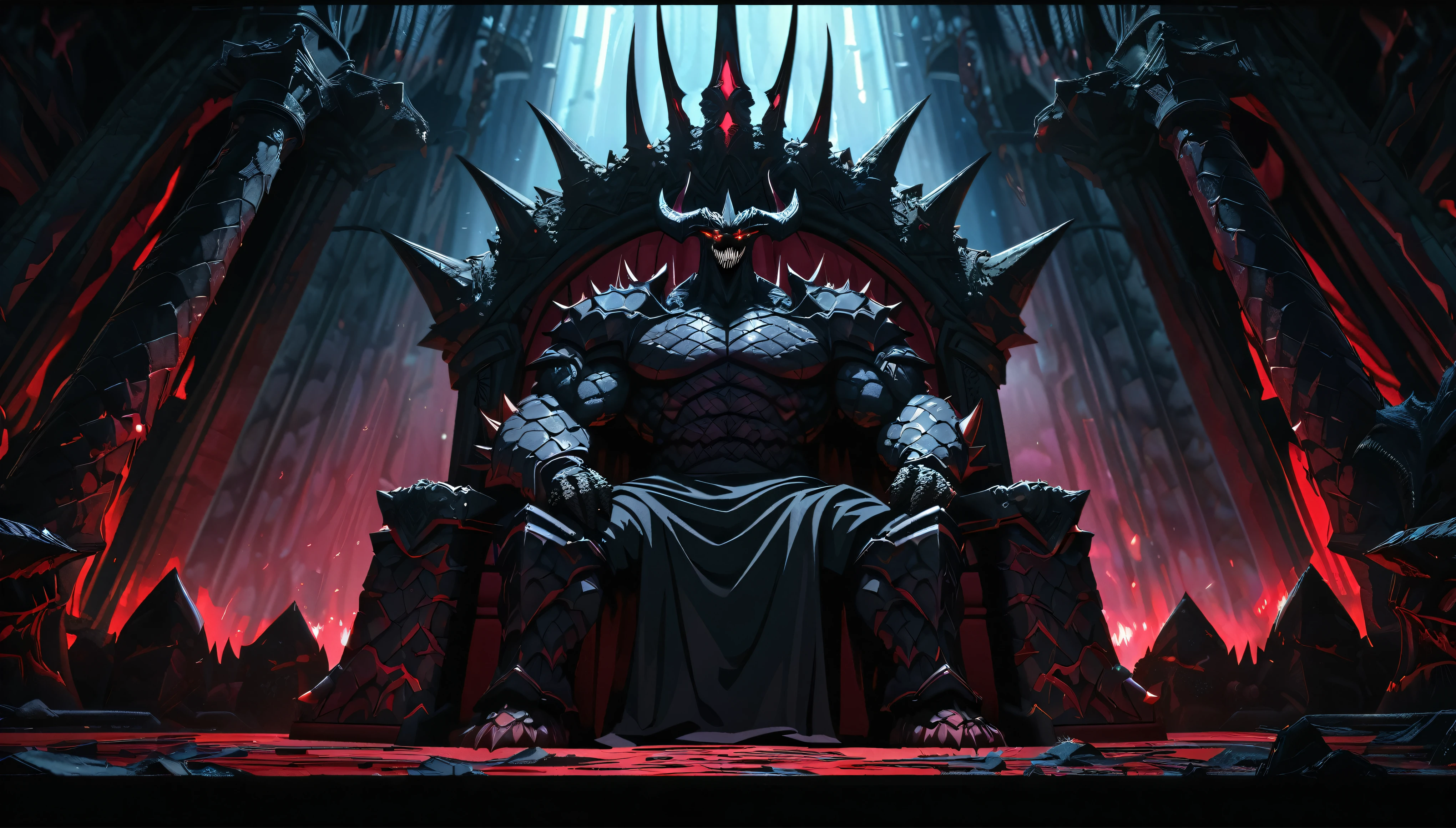 anime aestetics, demonic throne room, dark colors, dim light, cold colors, spiky throne, black stone collumns, gothic style, demon lord sitting on the throne, huge muscular demon, glowing eyes, long horns, scales armour, dark red skin, black scales, huge intimidating smile, angry eyes, long sharp teeth, wide shot, perspective, atmospheric perspective, highres, HD, 4K, best quality, masterpiece, super detail