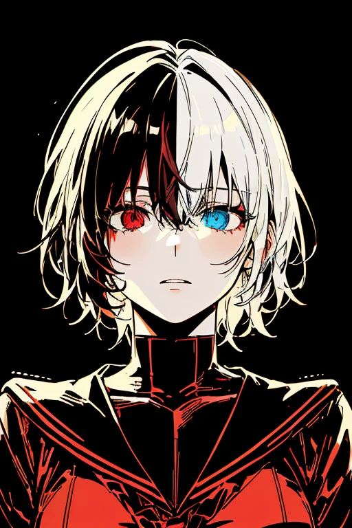 v5lcn style, Black and Red,One Girl,Very Short Hair,Highly detailed eyes,Highly detailed face,Very fine hair,8k,1920s,masterpiece,highest quality,(Left and right split theme:0.7),Without gaps,Heterochromia iridis,((2 Tone hair:1.2)),2 Tone_Jacket,(Chiaroscuro:1.2),(On the left are black hair and red eyes,On the right are white hair and blue eyes:1.2),(Sailor suit:1.2)