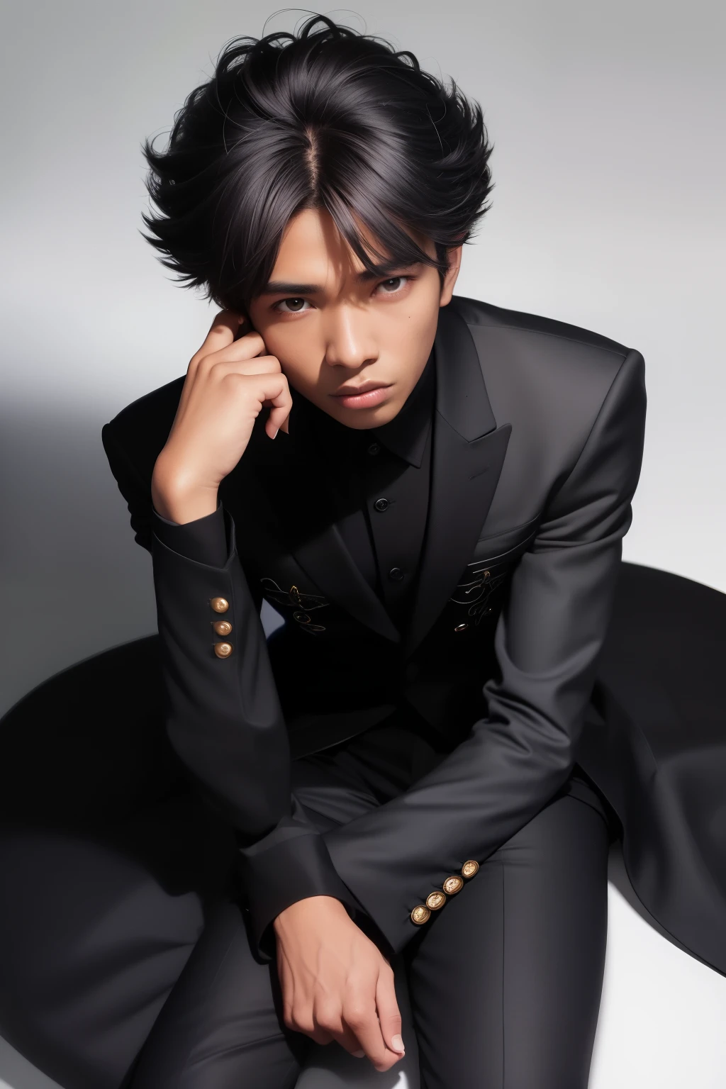 Majestic Portrait, Best quality, depiction of a 18-year-old dark-skinned man, Regal Dignity, wearing a sleek black suit, pure white background, sharp focus, high-end studio photography, intricate details, detailed face, defined facial features, broad smile, slim-fit tailored suit, polished shoes, minimalist yet elegant, professional lighting, physically-based rendering, Canon EOS R5 / 1.2 85mm, RAW frontal photos, direct gaze towards the viewer, top view: 1.5, Highest image quality, Outstanding details, Ultra-high resolution, Fidelity: 1.4,