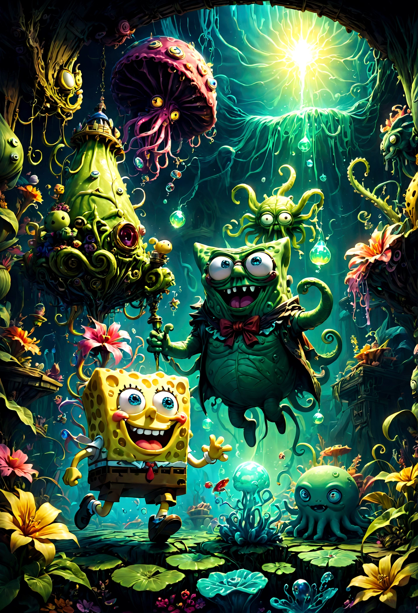 SpongeBob SquarePants play with Cthulhu friend, dramatic composition, cinematic dynamic action scene, vibrant colors, cinematic lighting, dramatic lighting, best quality, masterpiece, very aesthetic, perfect composition, intricate details, ultra-detailed