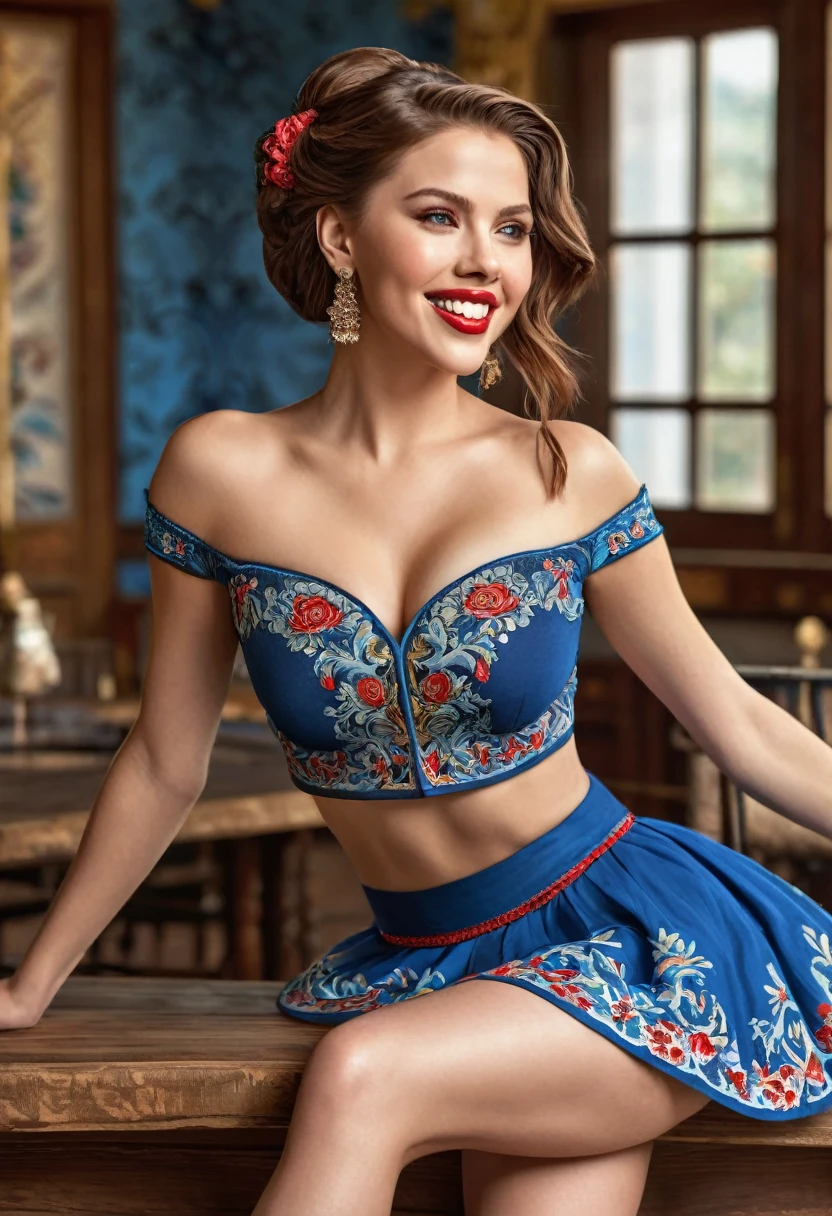 Balerina Gracefully Dancing, Honey Brown Hair, Very Long Hair, Chignon, Crop Top. Leaning-Over-Table, Messy Hair, Pale Skin, Red Lips, Skirt Wth Woodcut Patterns, Crop Top Wth Blue Rosemaled Designs. Midriff, Wide Smile, Eyes Detailed & Wide,Dynamic Pose. Ultra HD, Rococo-Inspired Fantasy Art With Intricate Details. Cute, Charming Expression, Alluring-Gaze, Beautiful Eyes, An-Ideal-Figure. Large Youthful Well-Shaped-Bosom, Attractive-Hind-Quarters. Massive-Round-Bosom, turning. Full Length Side Profile. Digital Painting, Intricate Details. Mesmerizingly mash up of Scarlett Johanson. Alison Brie & Selena Gomez
