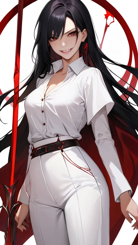 White blouse and long white trousers, woman, smart, sexy, with upper waist-length straight black hair, red eyes, and sinister grin, embodies traits of cruelty, torturer, desire, deception, acknowledgment, rebellion, destroyer, murder, Manipulative, fearless, and cunning. White background.