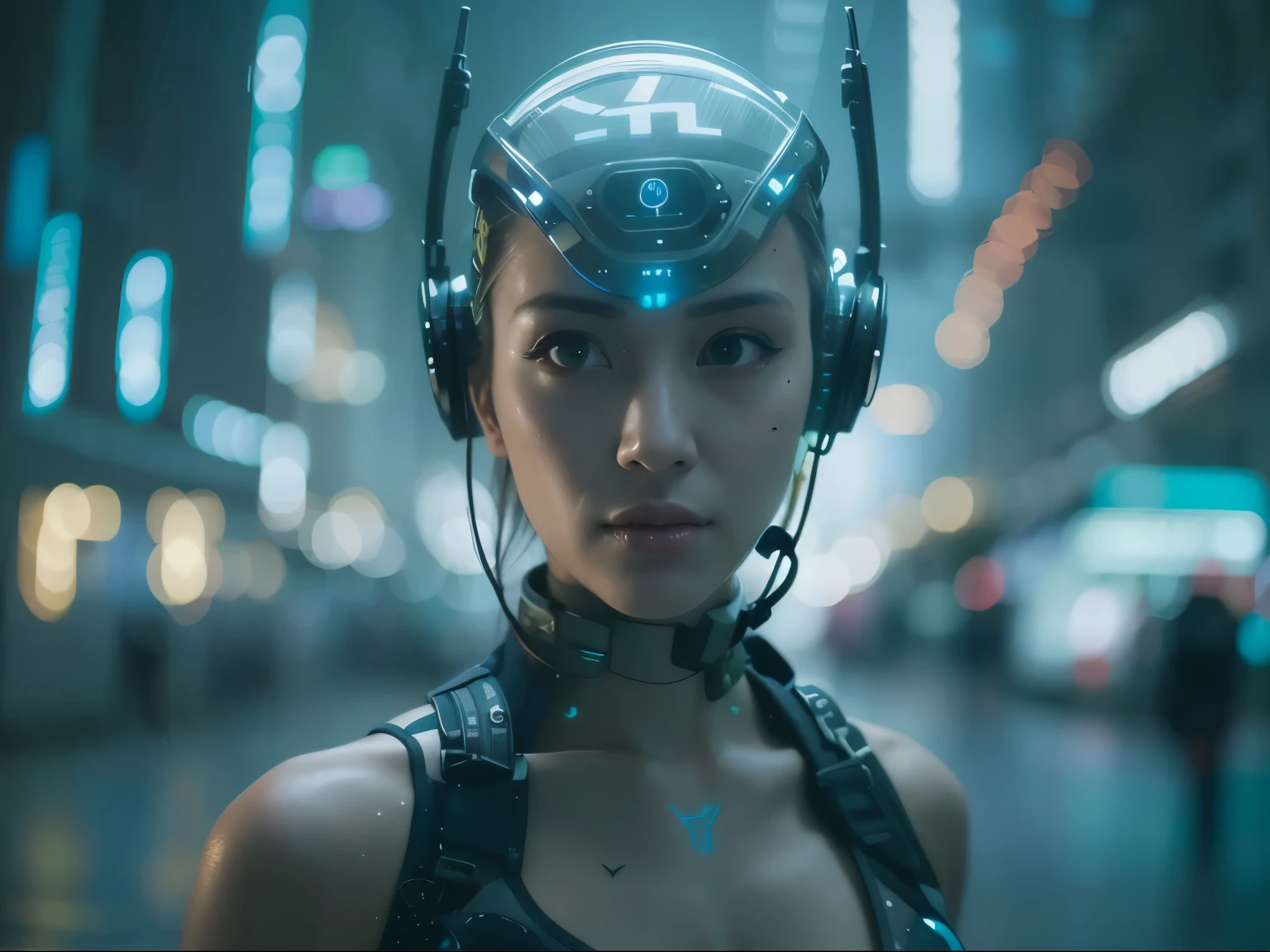 Hay una mujer que lleva un casco futurista con auriculares puestos., Arte cyberpunk ultrarrealista 8K, Estilo cyberpunk hiperrealista, dreamy cyberpunk girl, Kinematic. por leng jun, Cyberpunk hermosa chica, Foto cyberpunk, cyberpunk 2 0 y. o Chica modelo, Arcilla cyberpunk, Ross Tran 8 K, Estilo cyberpunk , Hiperrealista, CGsociety 8K, CGsociety Cyberpunk