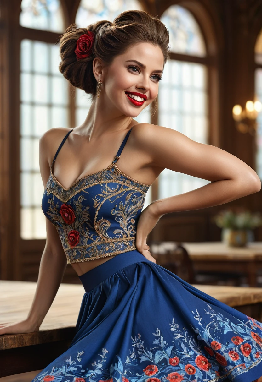 Balerina Gracefully Dancing, Honey Brown Hair, Very Long Hair, Chignon, Crop Top. Leaning-Over-Table, Messy Hair, Pale Skin, Red Lips, Skirt Wth Woodcut Patterns, Crop Top Wth Blue Rosemaled Designs. Midriff, Wide Smile, Eyes Detailed & Wide,Dynamic Pose. Ultra HD, Rococo-Inspired Fantasy Art With Intricate Details. Cute, Charming Expression, Alluring-Gaze, Beautiful Eyes, An-Ideal-Figure. Large Youthful Well-Shaped-Bosom, Attractive-Hind-Quarters. Massive-Round-Bosom, turning. Full Length Side Profile. Digital Painting, Intricate Details. Mesmerizingly mash up of Scarlett Johanson. Alison Brie & Selena Gomez