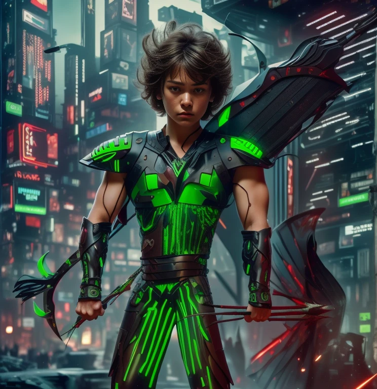 (ultra realistic,32k, masterpiece:1.2, UHD),(high detailed skin:1.1),( high quality:1.1), 1 boy, brown short raw cut hairs, brown eyes, green techno fantasy armor, cyberpunk, techno fantasy bow with ((energy bow arch)),((energy arrows)), caucasian race, light decourations, (20 years old)