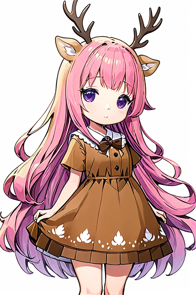 Character sheet, white background, deer cute mascot, cartoon, whole body, cartoon eyes, purple eyes, female pink long hair, wearing deer dress, cartoon style, high quality, high resolution