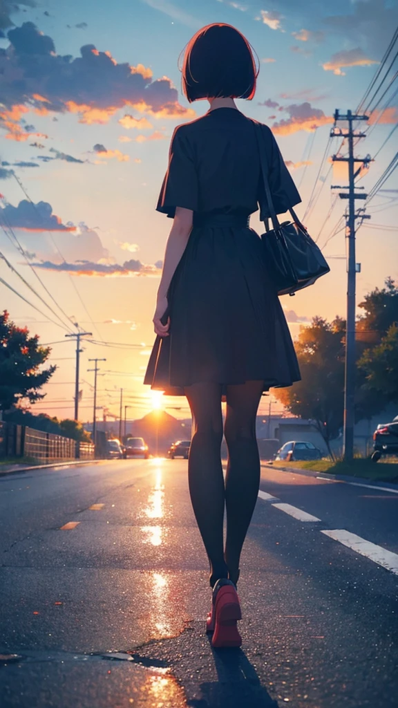 girl walking with short bob hair,View from behind,A shining sunset,sunset,The road that continues far away,Red, white and black clothes,black cat walking together