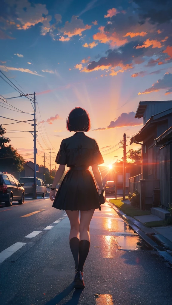 girl walking with short bob hair,View from behind,A shining sunset,sunset,The road that continues far away,Red, white and black clothes,black cat walking together