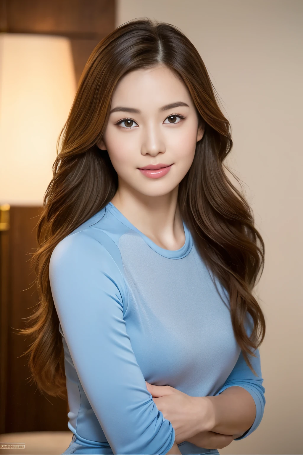 Create a photorealistic image of a beautiful Asian woman with fair, smooth, flawless skin. She has large, round, sparkling eyes with naturally long and curled eyelashes, and well-defined, dark eyebrows. Her nose is straight and high, and her naturally pink, soft lips form a gentle smile. She has short, slightly curled brown hair that highlights her delicate facial features. Her face is oval-shaped, with a wide and high forehead, moderately high cheekbones, and a pointed, slender chin. She is wearing a racing suit that complements her elegant and feminine appearance. (( full body))

