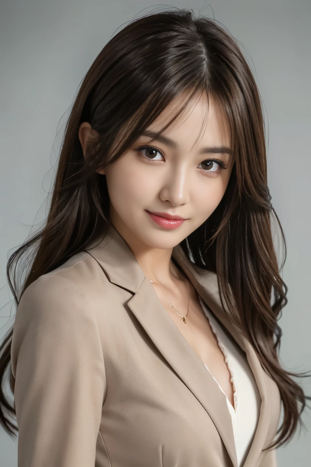 Tabletop, Japanese,highest quality, Realistic, Super detailed, In detail, High resolution, 8k wallpaper, 1. Beautiful Women,, Light brown messy hair, Wearing a business suit, Sharp focus, Perfect dynamic composition, Beautiful fine details, Fine hair, Detailed and realistic skin texture, smile, Close-up portrait, Model Body Type, White background,
