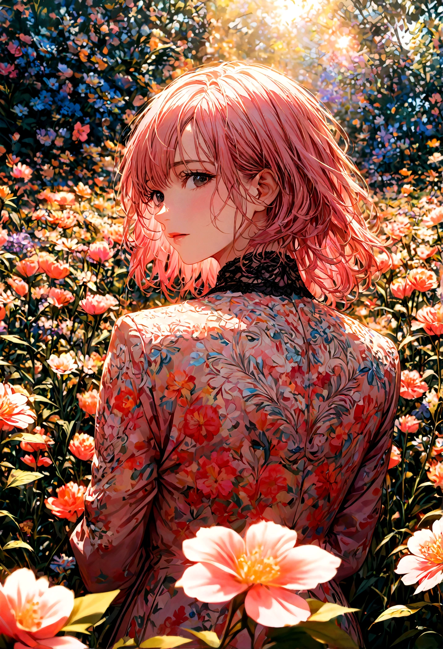 A woman with light pink hair and black eyes in a peach colored suit turned her back and half her face in the middle of a field of flowers during the daytime.