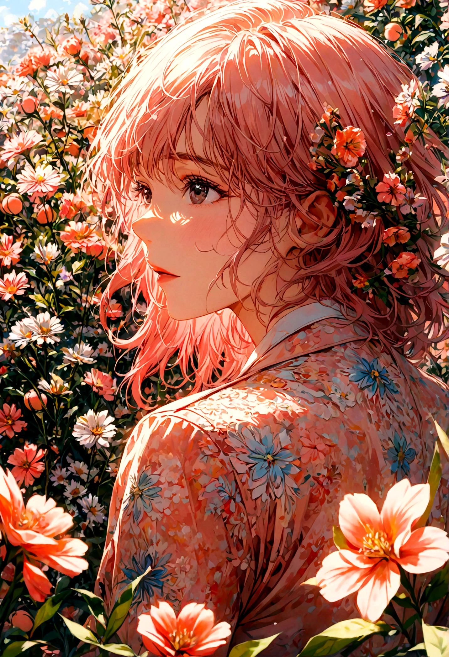 A woman with light pink hair and black eyes in a peach colored suit turned her back and half her face in the middle of a field of flowers during the daytime.