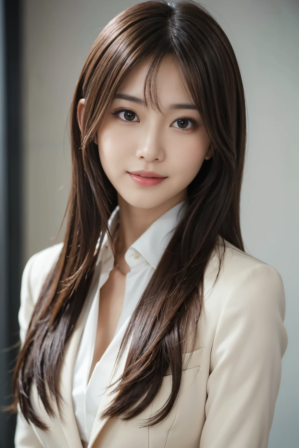 Tabletop, Japanese,highest quality, Realistic, Super detailed, In detail, High resolution, 8k wallpaper, 1. Beautiful Women,, Light brown messy hair, Wearing a business suit, Sharp focus, Perfect dynamic composition, Beautiful fine details, Fine hair, Detailed and realistic skin texture, smile, Close-up portrait, Model Body Type, White background,