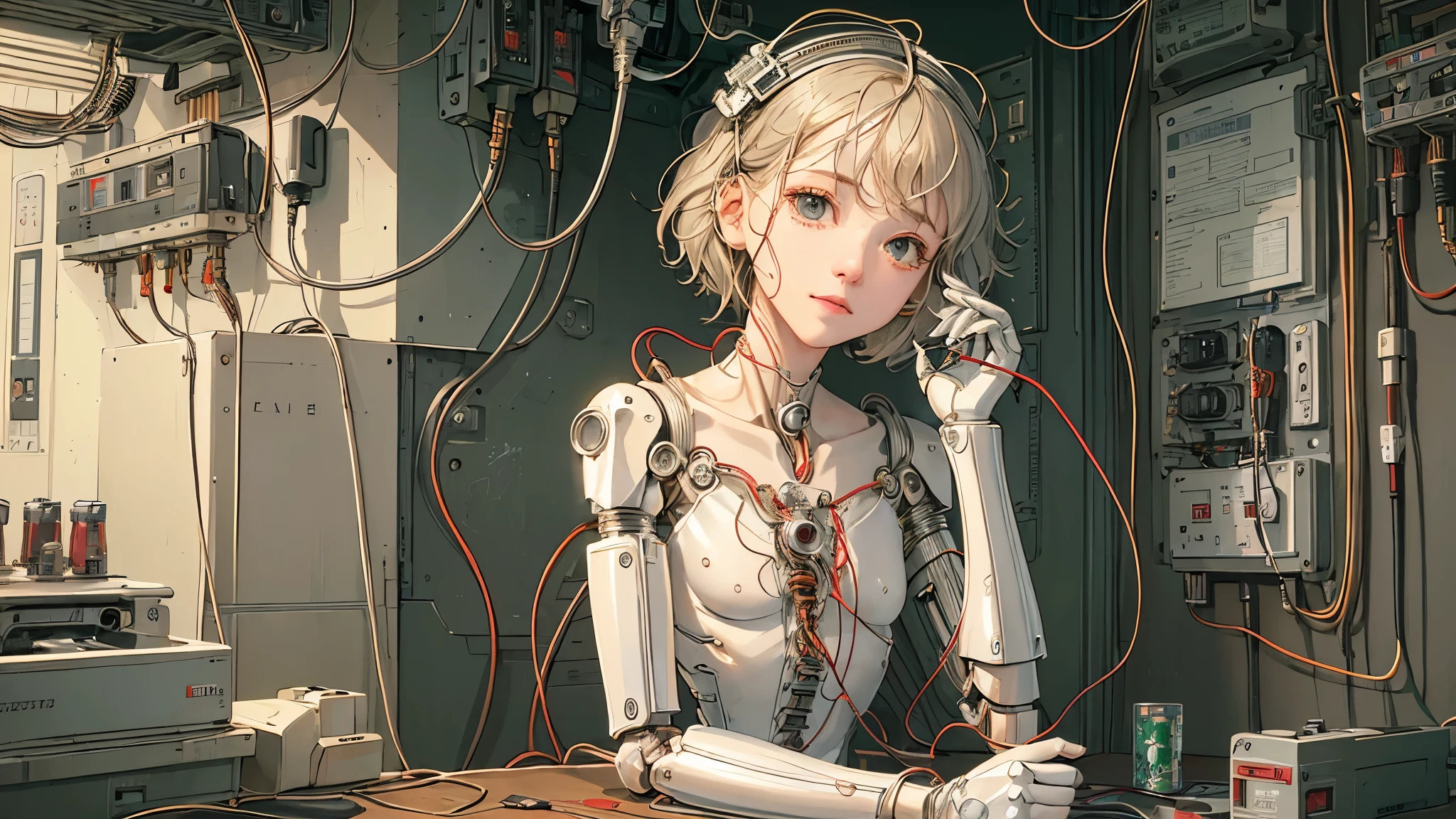(((masterpiece))), (((highest quality))), ((Very detailed)), (Highly detailed CG illustrations), ((Very delicate and beautiful)),(Cute and delicate face),Light,((1. Machine Girl)),alone,whole body,(Machine made joints:1.4),((Mechanical Limbs)),(Muscles bulge),(Blood vessels are connected to tubes),(Brain in a container:1.3),((Mechanical vertebrae attached to the back)),((Mechanical cervical vertebrae attached to the neck)),((Sitting)),poker face,(Wires and cables attached to head and body:1.5),Small breasts,short hair,(Character Focus),SF