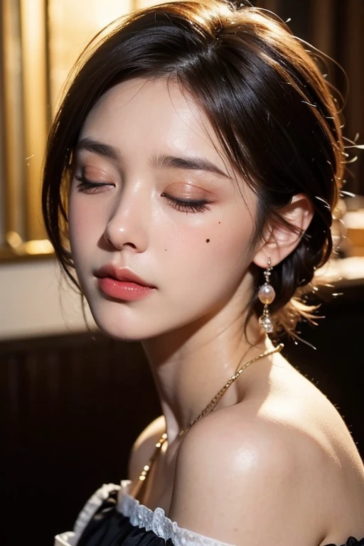 ((8k, highest quality, masterpiece、Realistic、Ultra-high resolution))、((Japanese women))、((Black Short Hair))、(Small breasts)、(((Mole under the eye)))、((Face is golden ratio))、Beautiful Face、Beautiful Eyes、Delicate face、Glamorous face、Beautiful face、Beautiful nose、Well-textured skin、(Off-the-shoulder knee-length top)、necklace、Earrings、(incoming kiss, closed eyes),full-face 、(((Lift your chin)))