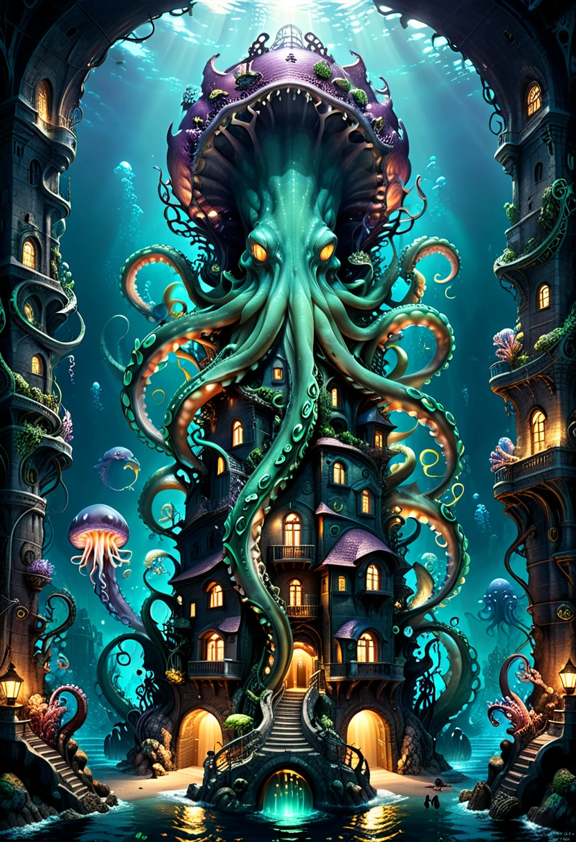 Cthulhu, tentacle, a city located in the deep sea, has a strange and almost absurd architectural form. Illuminated by luminous fish, it stretches into the deep sea like tentacle. The background is the endless darkness of the deep sea, panoramic, (masterpiece, best quality, Professional, perfect composition, very aesthetic, absurdres, ultra-detailed, intricate details:1.3)