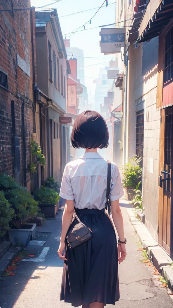 girl walking with short bob hair,View from behind,in heaven