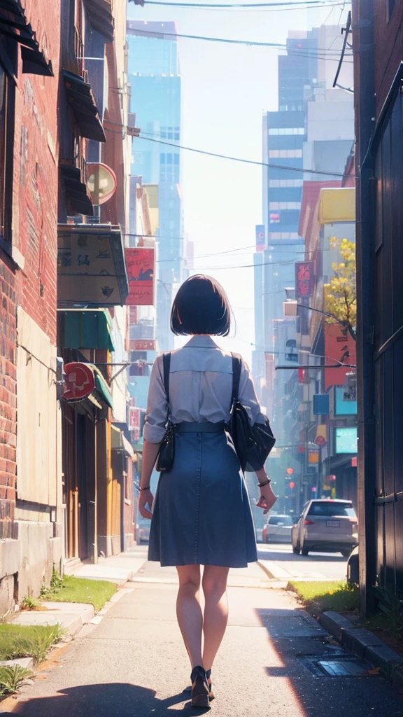girl walking with short bob hair,View from behind,in heaven