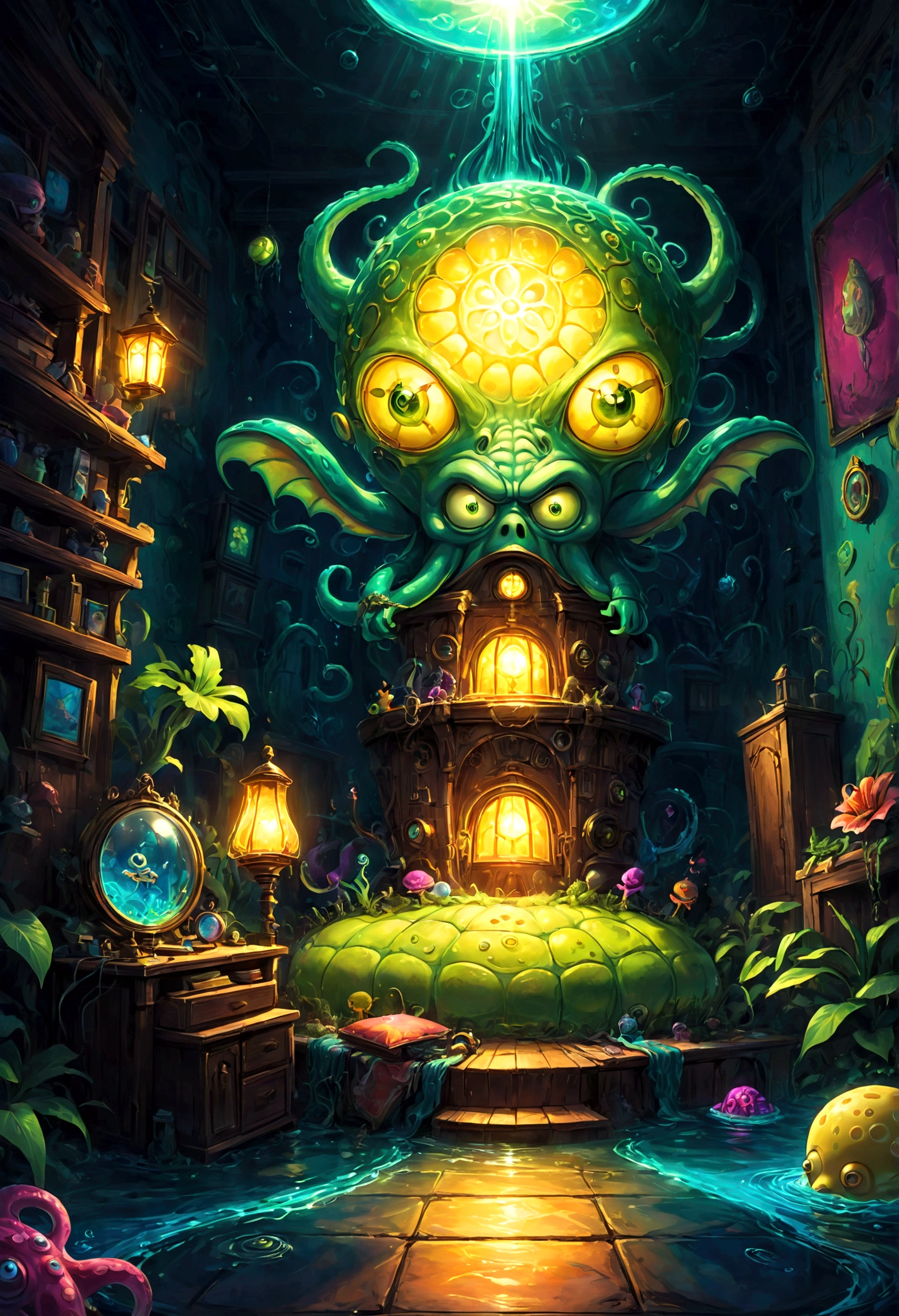 SpongeBob SquarePants, Cthulhu house, dramatic composition, cinematic dynamic action scene, vibrant colors, cinematic lighting, dramatic lighting, best quality, masterpiece, very aesthetic, perfect composition, intricate details, ultra-detailed