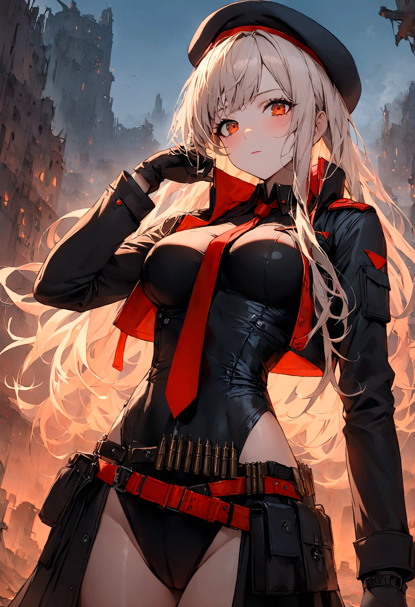 1girl, (masterpiece:1.3), (high resolution), (beautiful background), (extremely detailed), (pixiv), perfect face, (best quality), ,rapi (nikke), ,aarapi, long hair, beret, black headwear, red necktie, black shirt, black leotard, black jacket, cropped jacket, open clothes, medium curvy breast, long sleeves, gloves, pouch, ammunition belt, black thighhighs, , ruined city, dusk, cowboy shot view, more_details:0.5,