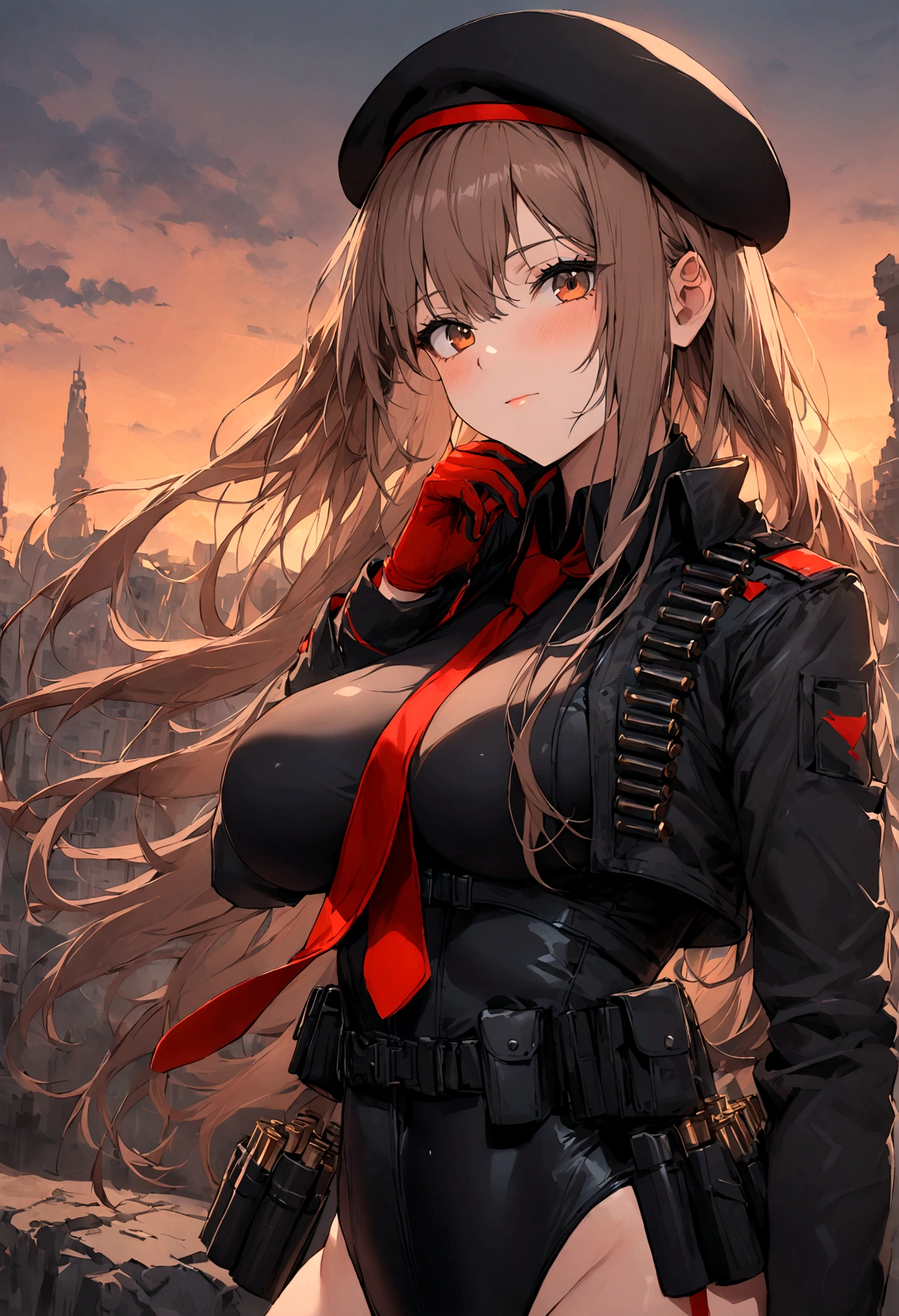 1girl, (masterpiece:1.3), (high resolution), (beautiful background), (extremely detailed), (pixiv), perfect face, (best quality), ,rapi (nikke), ,aarapi, long hair, beret, black headwear, red necktie, black shirt, black leotard, black jacket, cropped jacket, open clothes, medium curvy breast, long sleeves, gloves, pouch, ammunition belt, black thighhighs, , ruined city, dusk, cowboy shot view, more_details:0.5,