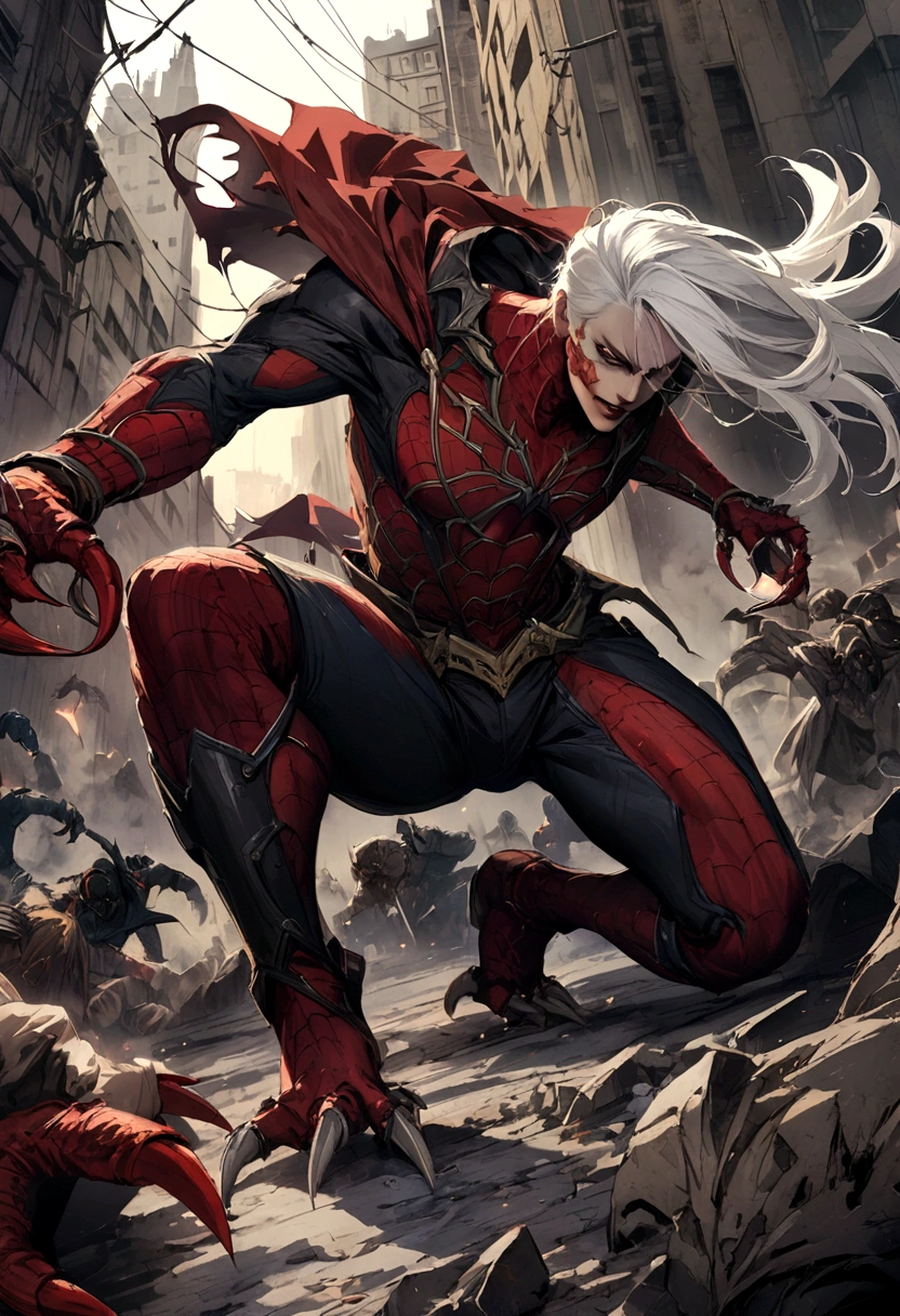spider man vs knull movie poster a vampire with white hair
and long and claws and red and black cape fighting in the apocalyptic city