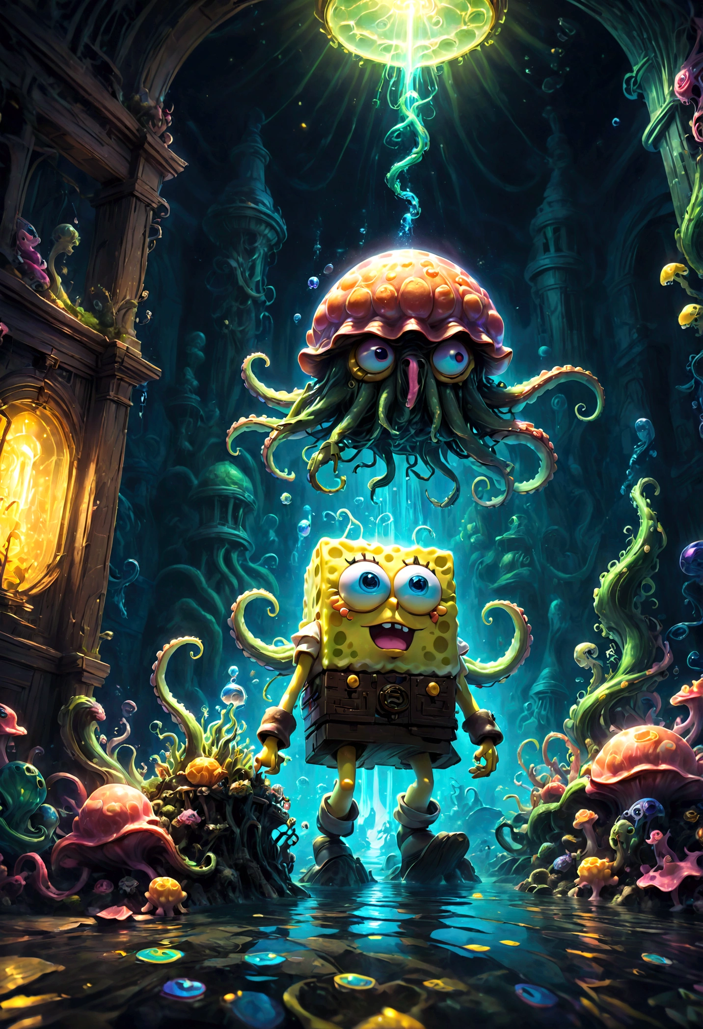 SpongeBob SquarePants, Cthulhu building background, dramatic composition, cinematic dynamic action scene, vibrant colors, cinematic lighting, dramatic lighting, best quality, masterpiece, very aesthetic, perfect composition, intricate details, ultra-detailed