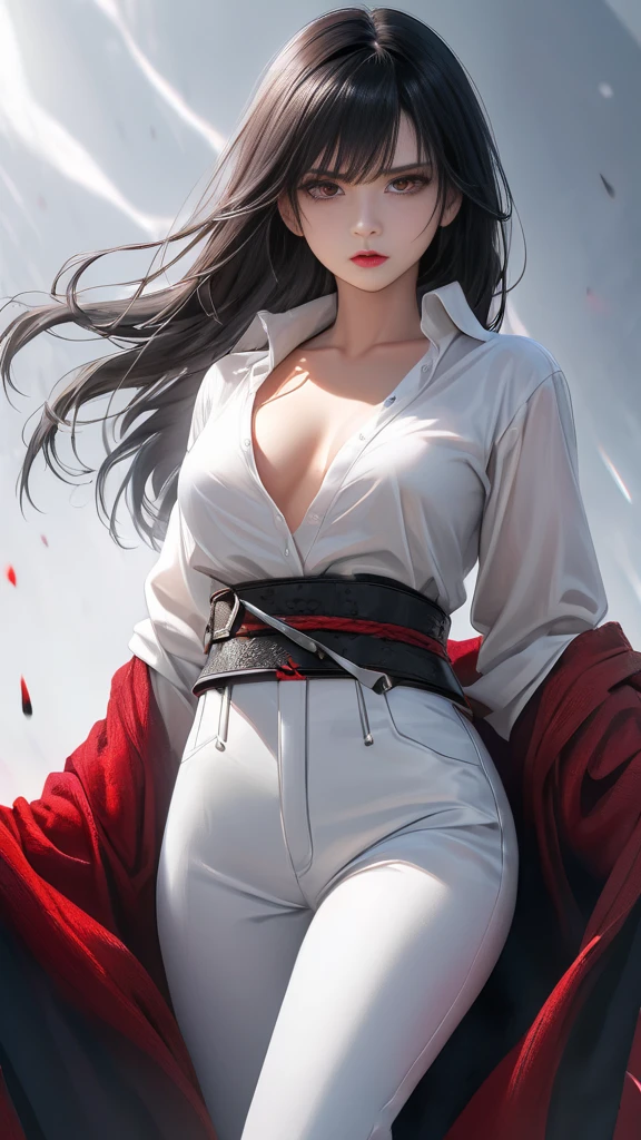 a beautiful young woman with waist-length straight black hair,intense red eyes,wearing a white blouse and long white trousers,a torturer and manipulator,deceptive and cunning,fearless and cold-blooded,against a stark white background,(best quality,8k,ultra-detailed,photorealistic:1.37),masterpiece,(dramatic lighting),(intense colors),cinematic,dark fantasy,dark art