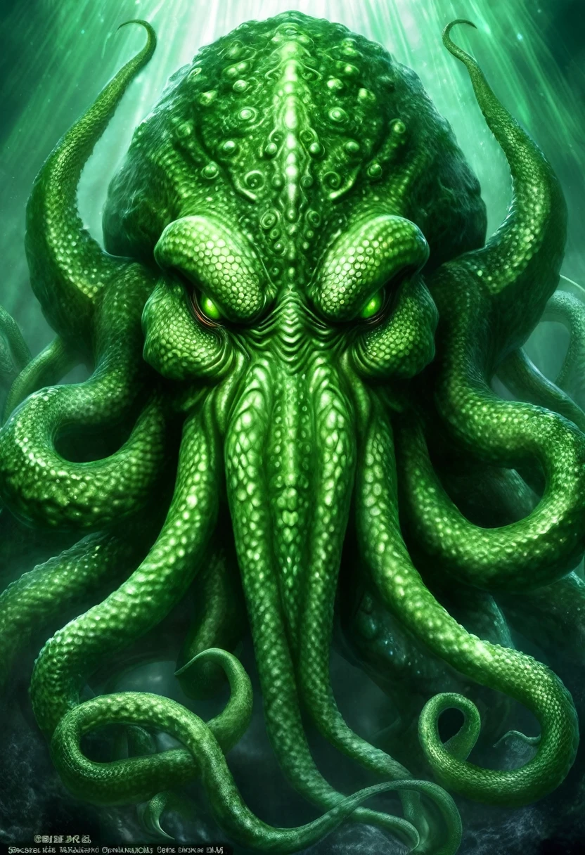 Cthulhu.For a huge、Weird hybrid creature。It has a brain-shaped head,Limbs with tentacles or fins。The entire body appears green or gray in color,Surface covered with scales or scutes。It is considered an ancient and powerful being.,From dimensions or galaxies beyond human comprehension。