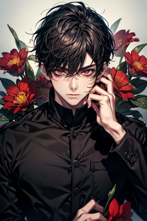 masterpiece, best quality, high quality, ultra detailed, black-haired boy with his face surrounded by bloody red flowers.