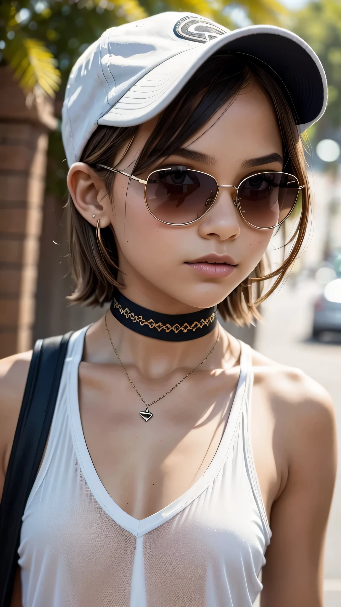 A girl with a choker, , flat chest, v neck tshirt, pixie haircut, close portrait, nose ring jewellery, sunglasses, beautiful, baseball cap,