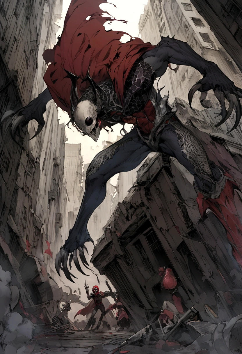 spider man vs knull movie poster a vampire with white hair
and long and claws and red and black cape and black symbiote armor
fighting in the apocalyptic city