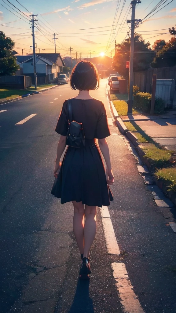 girl walking with short bob hair,View from behind,A shining sunset,sunset,The road that continues far away,Red, white and black clothes,With black cat