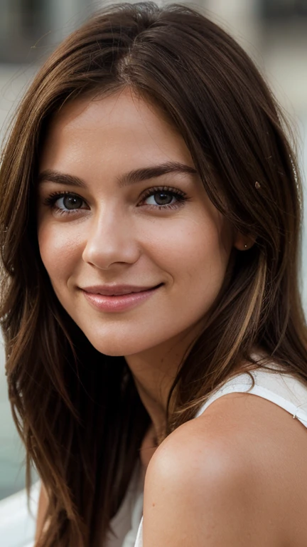 Crée un portrait de face d'une fille de 30 ans, she has short, straight brown hair with light highlights, elle a un visage souriant. Photo portrait [hyper realistic] [ultra detailed]