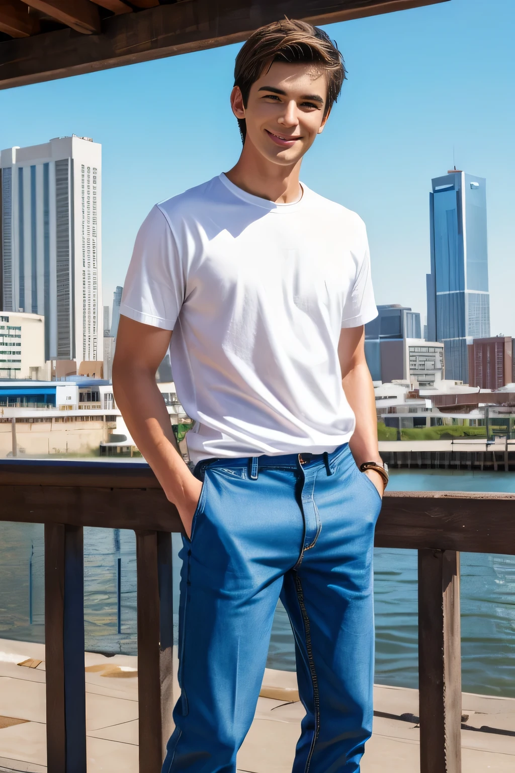 Age 25々Cool guy、What it's like to be a model、Chic and casual clothing、Delicate face、good looking、I am brunette、Brown eyes、Daytime on a sunny day、Cool standing figure、The scenery in the background is a cityscape、Live-action shooting style、High quality 8K、Bright smile、Like a model、One Man、
