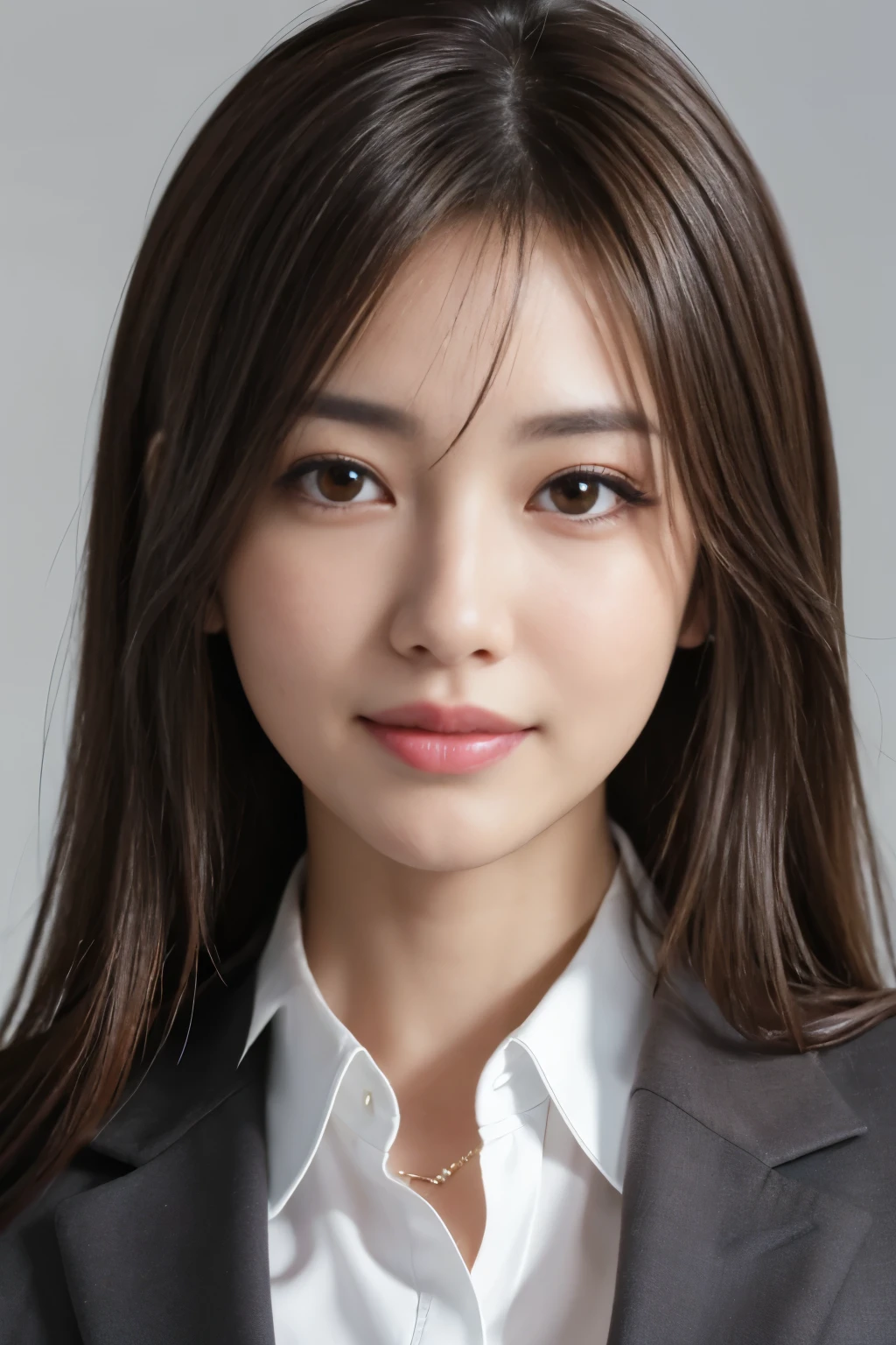 Tabletop, Japanese,highest quality, Realistic, Super detailed, In detail, High resolution, 8k wallpaper, 1. Beautiful Women,, Light brown messy hair, Wearing a business suit, Sharp focus, Perfect dynamic composition, Beautiful fine details, Fine hair, Detailed and realistic skin texture, smile, Close-up portrait, Model Body Type, White background, 