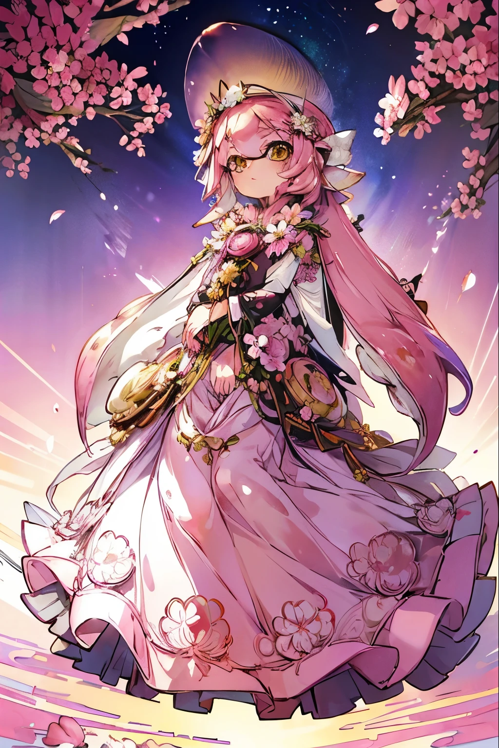 masterpiece、highest quality、High resolution、Real Anime、3D、background image、Flower Field、Flowers on one side、Lots of petals、SakuraFubuki、beautiful、beautiful、You can see far from the top of the hill、Ultra-wide angle、Splatoon Girl、20-year-old、((Angle from below))、(((full body)))、Golden Eyes、Pink tentacle hair、Metallic shiny tentacle hair、Flower Hair Ornaments、Flower crown、((looking up:1.2))、Looking at the flowers above、Open Mouth Smile、blush、The flowers are scattered far and wide、