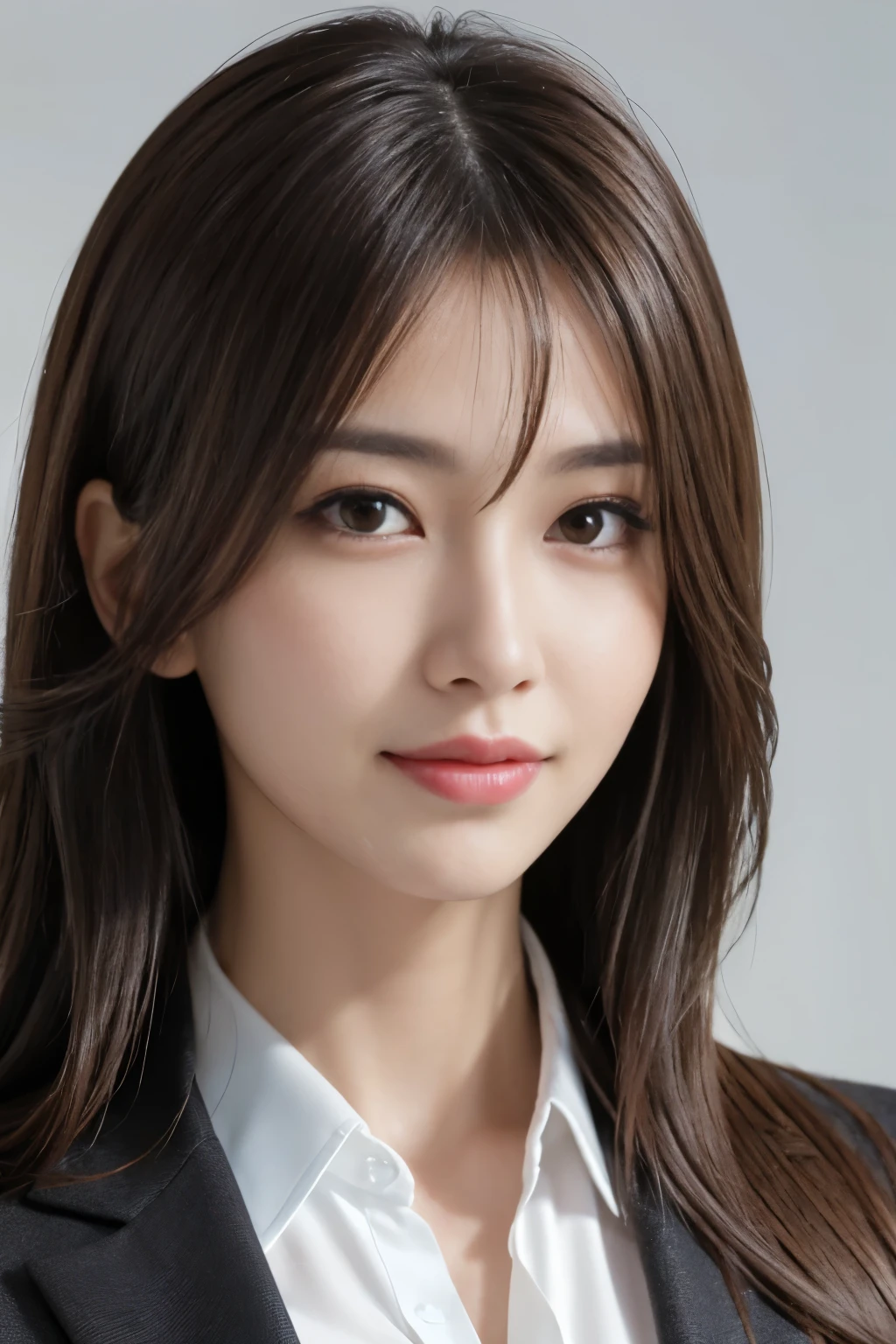 Tabletop, Japanese,highest quality, Realistic, Super detailed, In detail, High resolution, 8k wallpaper, 1. Beautiful Women,, Light brown messy hair, Wearing a business suit, Sharp focus, Perfect dynamic composition, Beautiful fine details, Fine hair, Detailed and realistic skin texture, smile, Close-up portrait, Model Body Type, White background, 