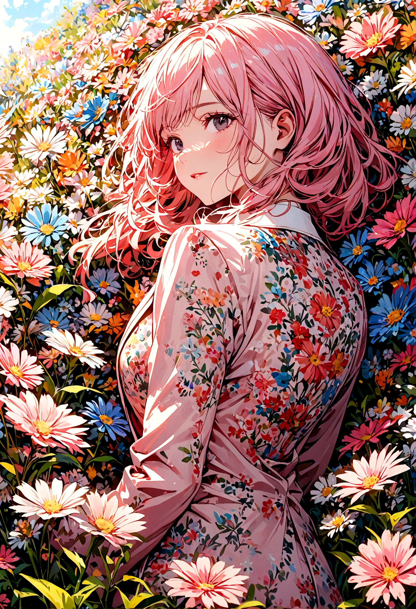A woman with light pink hair and black eyes in a light pink suit turns her back and half her face in the middle of a field of flowers during the daytime.