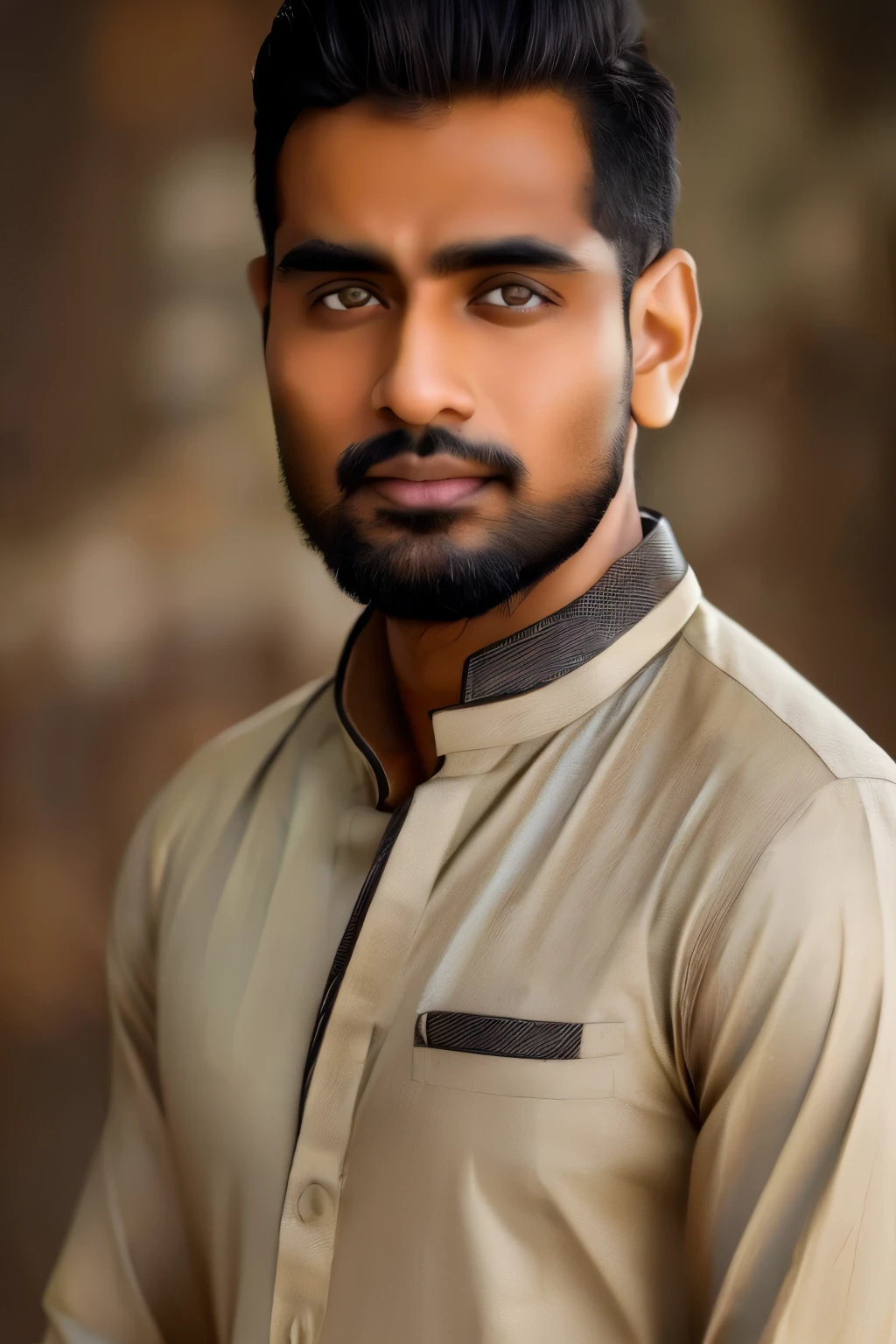 Create a (realistic close-up) image of Faiz the Eco-Magician standing against a neutral grey backdrop. Faiz has a warm, medium-brown skin tone reflecting their South Asian heritage, a round face with a friendly and inviting expression, large almond-shaped brown eyes that sparkle with curiosity and kindness, and gently arched eyebrows. Their head is shaven, and they have a light colored gotie. Faiz_looks_very earthern belonging to the earth wearing raw cotton kurta and straight shalwar in natural cotton color hues, they are medium slightly plump