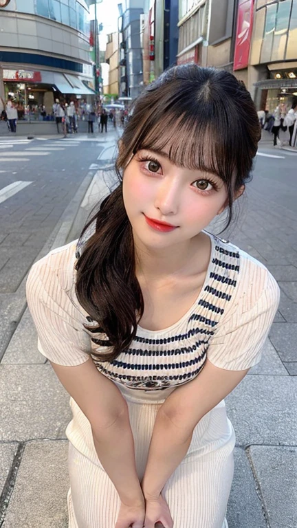 (Surreal), (High resolution), (8k), (Very detailed), (Beautiful fine details), (highest quality), (Ultra-detailed), (masterpiece), (Detailed face), (Beautiful smile)、(Beautiful Face)、((Natural Makeup))、(((Beautiful girl with cute Japan)))、 ((Japanese beautiful girl 21 years old))、 ((Baby Face))、(((D Cup)))、Realistic Skin、Hair blowing in the wind、ponytail、summer、Shopping mall、Outdoor、Very black hair、Shiny black hair、Glowing Skin、White striped dress、Short sleeve、Looking up、((Bend over and peer at me))、Top view angle、((Cross your arms behind your hips))、((I can see from the knees up))